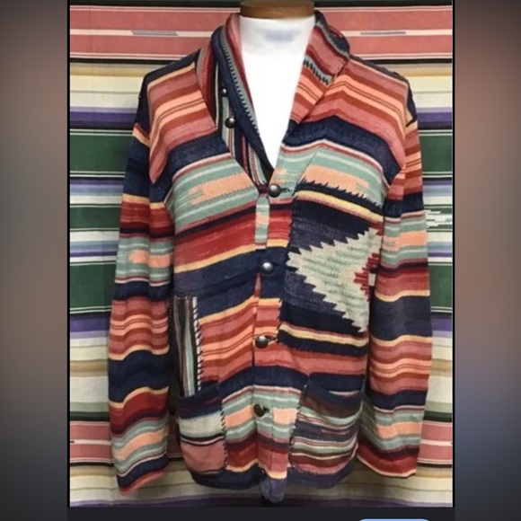 Vintage 90s POLO RALPH LAUREN XL Cardigan Southwest Aztec Navajo Silk Patchwork - Picture 2 of 12